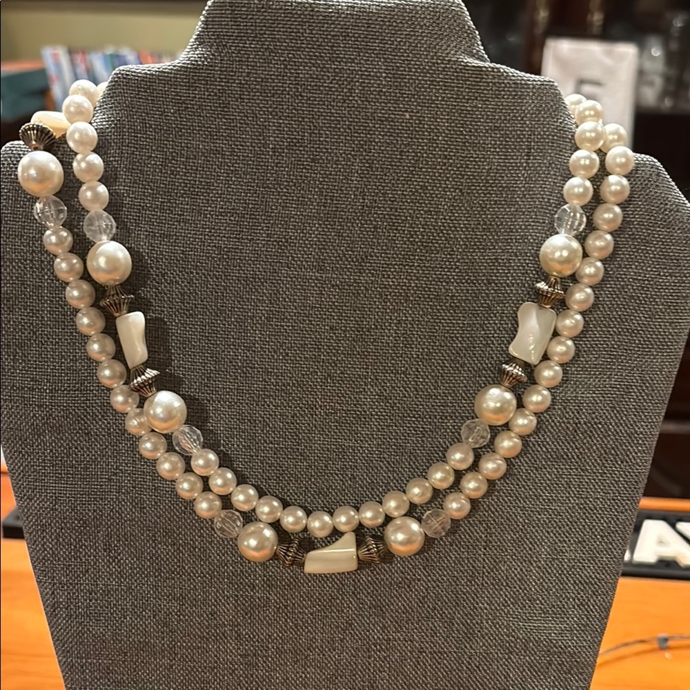 White Multi-Strand Pearl Necklace with Stone Beads